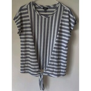 Jones‎ New York Signature Striped Short Sleeve Top Tie Front Blue/White Size L